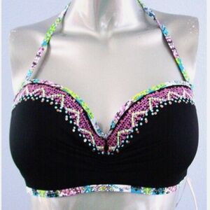 Victorias Secret Nwt Black Bali Embroidery The Getaway Halter Ruched Bikini Top